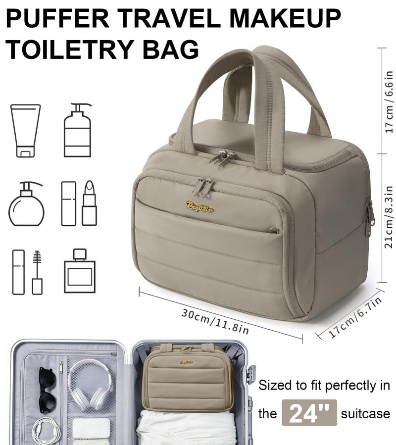 Bagstellar Travel Toiletry Bag for Women, Lightweight Large Quilted Puffy Makeup Bag Wide-open Make up Organizer Cloud Cosmetic Bag w/Handle for Traveling, Toiletries, Essentials, Accessories Oatmeal - Image 2