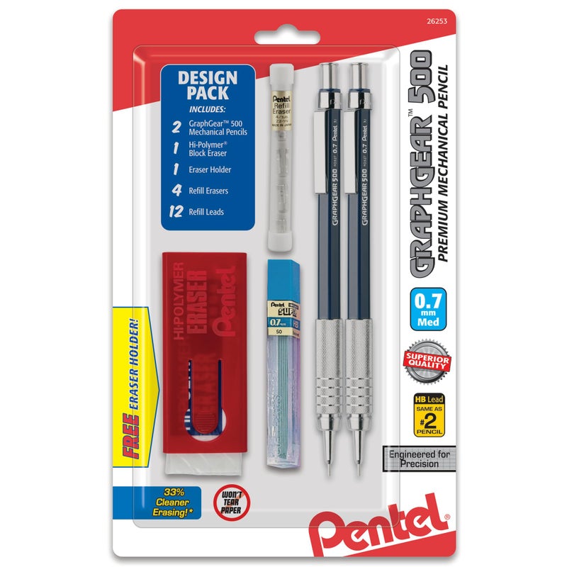 Pentel GraphGear 500 Automatic Pencil Kit, 0.7mm, Refill Leads, Block Eraser 2 Pack (PG527LEBP2) - Image 1
