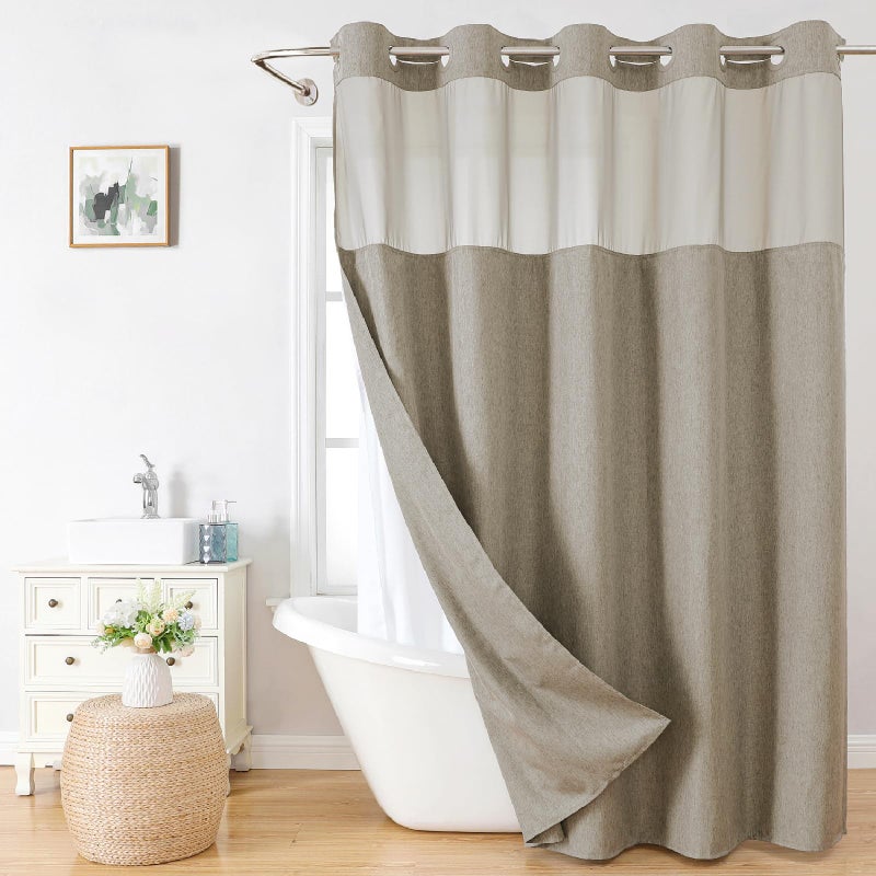 eachope No Hooks Needed Linen Textured Shower Curtain with Snap-in Fabric Liner Set,Hotel Luxury Decor Shower Curtains for Bathroom with Mesh Top Window,Waterproof & Washable,71Wx74H,Khaki/Tan - Image 1
