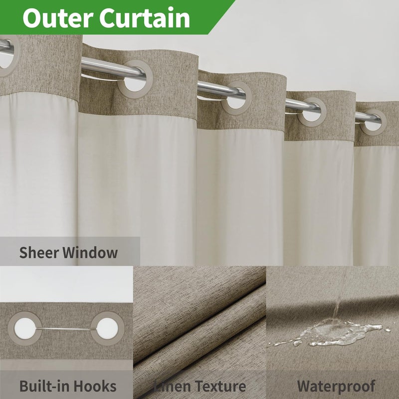 eachope No Hooks Needed Linen Textured Shower Curtain with Snap-in Fabric Liner Set,Hotel Luxury Decor Shower Curtains for Bathroom with Mesh Top Window,Waterproof & Washable,71Wx74H,Khaki/Tan - Image 4
