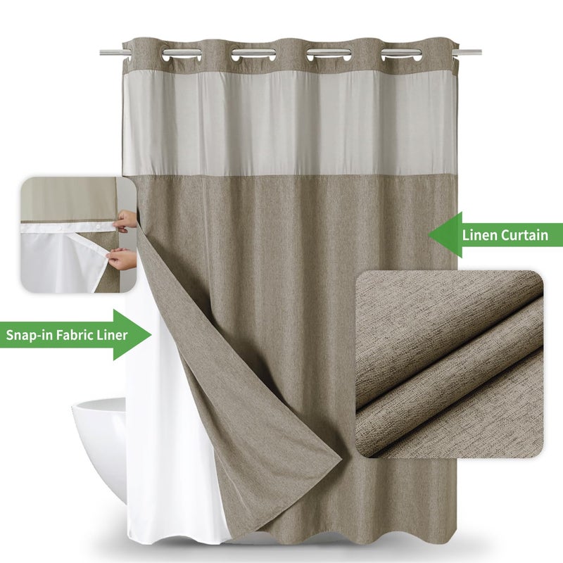 eachope No Hooks Needed Linen Textured Shower Curtain with Snap-in Fabric Liner Set,Hotel Luxury Decor Shower Curtains for Bathroom with Mesh Top Window,Waterproof & Washable,71Wx74H,Khaki/Tan - Image 2