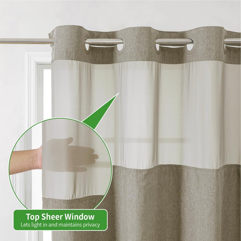eachope No Hooks Needed Linen Textured Shower Curtain with Snap-in Fabric Liner Set,Hotel Luxury Decor Shower Curtains for Bathroom with Mesh Top Window,Waterproof & Washable,71Wx74H,Khaki/Tan - Image 3