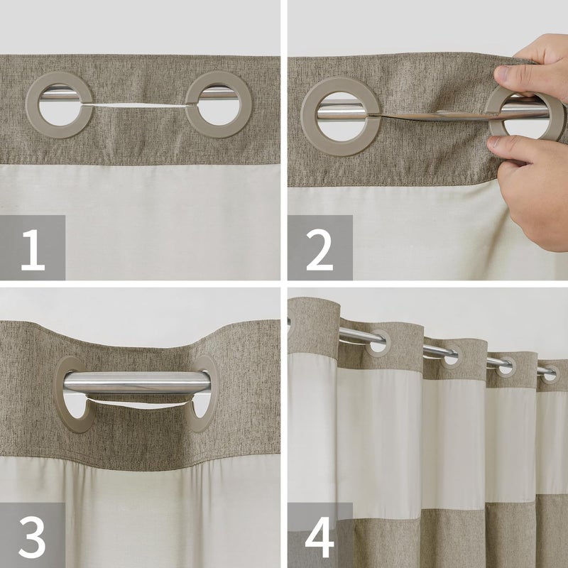eachope No Hooks Needed Linen Textured Shower Curtain with Snap-in Fabric Liner Set,Hotel Luxury Decor Shower Curtains for Bathroom with Mesh Top Window,Waterproof & Washable,71Wx74H,Khaki/Tan - Image 5