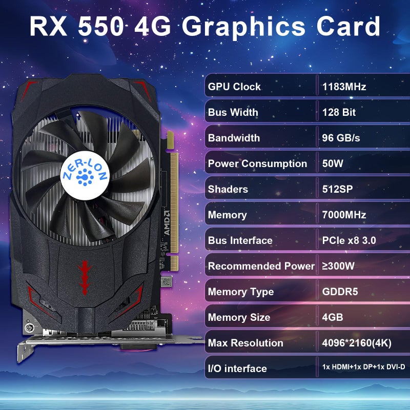 ZER-LON Radeon RX 550 4GB Graphics Card, GDDR5 128 Bit PCIE 3.0 Computer Gaming Gpu, 1183MHz Video Card with HDMI/DP/DVI Ports Support 4K - Image 2