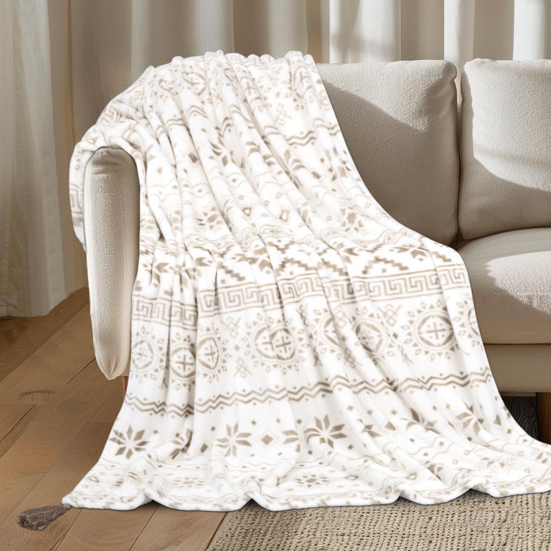 MACEVIA بطانية Macevia Flannel Boho لأريكة Country Country Western Aztec للديكور المنزلي جنوب غرب بطانية مع شرابة البطانية البوهيمية المطبوعة الناعمة للبراهيمية (Boho beige02 50x60inches) - Image 2