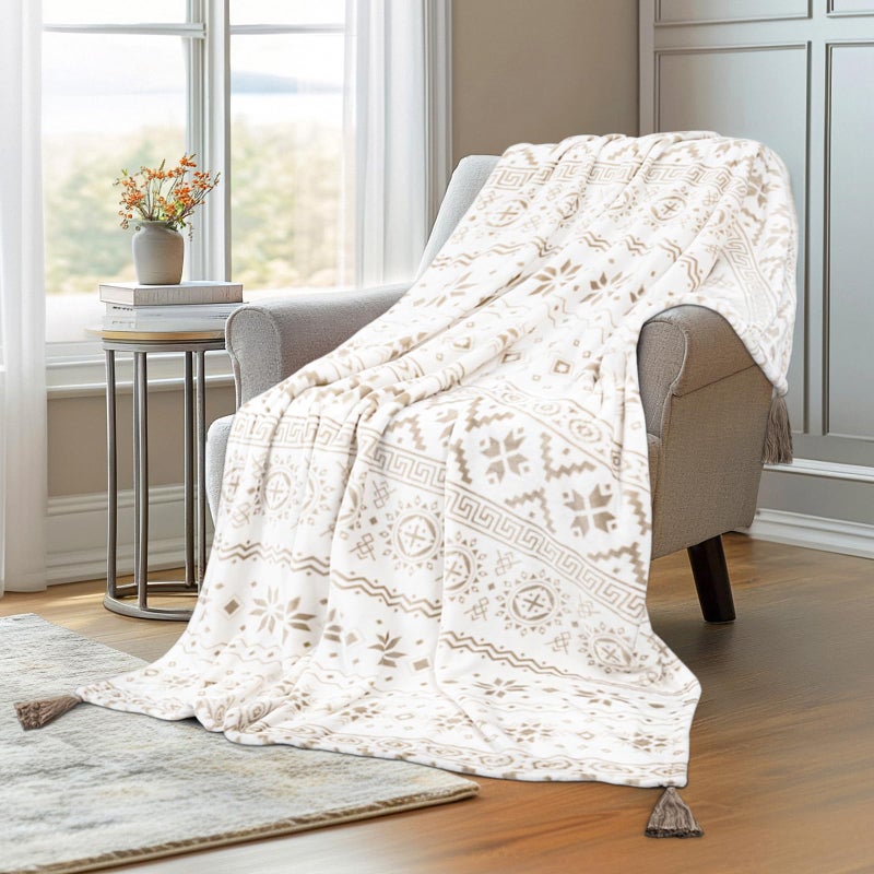 MACEVIA بطانية Macevia Flannel Boho لأريكة Country Country Western Aztec للديكور المنزلي جنوب غرب بطانية مع شرابة البطانية البوهيمية المطبوعة الناعمة للبراهيمية (Boho beige02 50x60inches) - Image 1