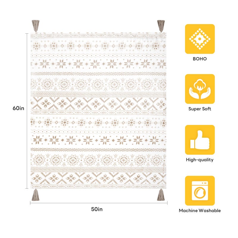 MACEVIA بطانية Macevia Flannel Boho لأريكة Country Country Western Aztec للديكور المنزلي جنوب غرب بطانية مع شرابة البطانية البوهيمية المطبوعة الناعمة للبراهيمية (Boho beige02 50x60inches) - Image 5