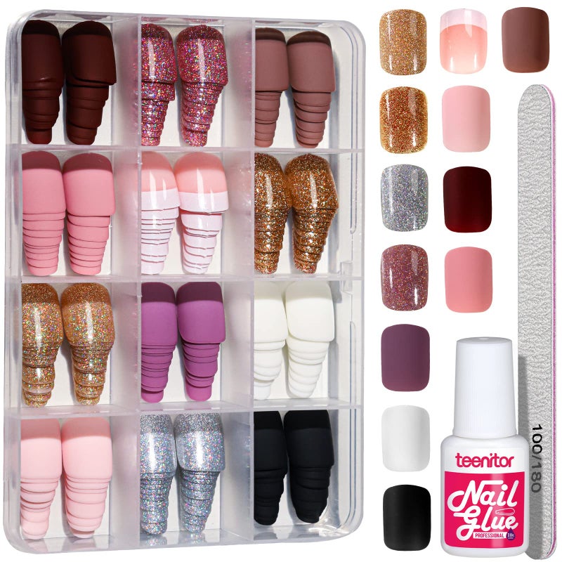 Teenitor Short Press on Nails,288Pcs Matte Acrylic Short Square Fake Nails Full Cover, Glitter Press On False Nails Glue on Nails - Image 2