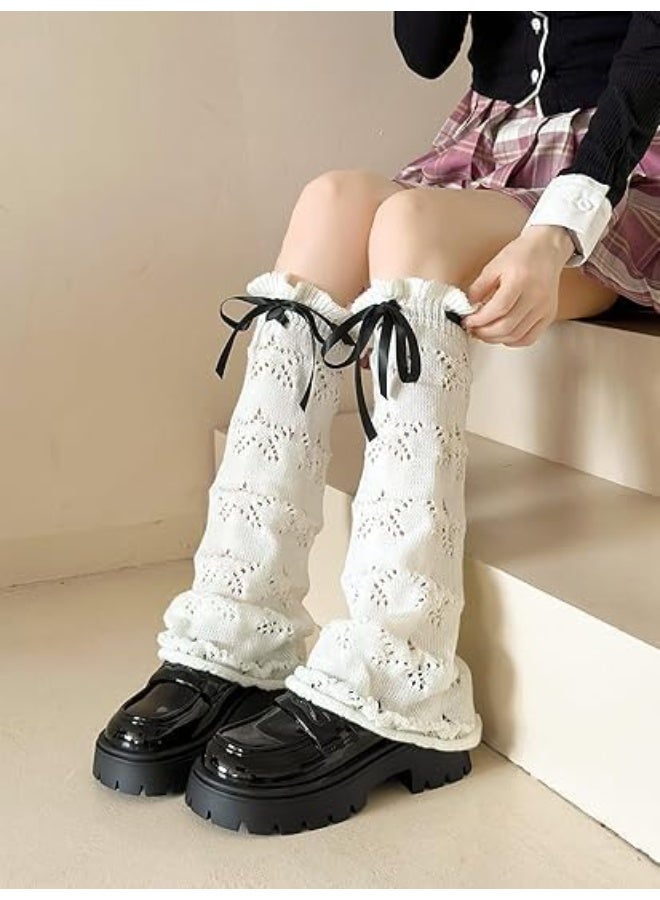 Knit Leg Warmers Y2K Hollow Out Knee High Flared Socks Drawstring Ruffled Cuffs Leg Cover for Women Girls, One Size - Image 4