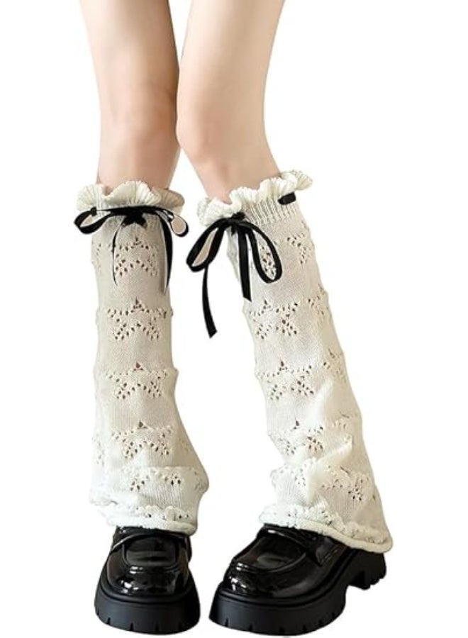Knit Leg Warmers Y2K Hollow Out Knee High Flared Socks Drawstring Ruffled Cuffs Leg Cover for Women Girls, One Size - Image 1