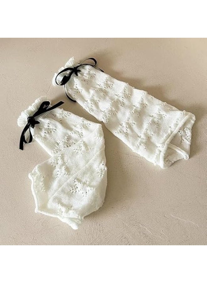 Knit Leg Warmers Y2K Hollow Out Knee High Flared Socks Drawstring Ruffled Cuffs Leg Cover for Women Girls, One Size - Image 2