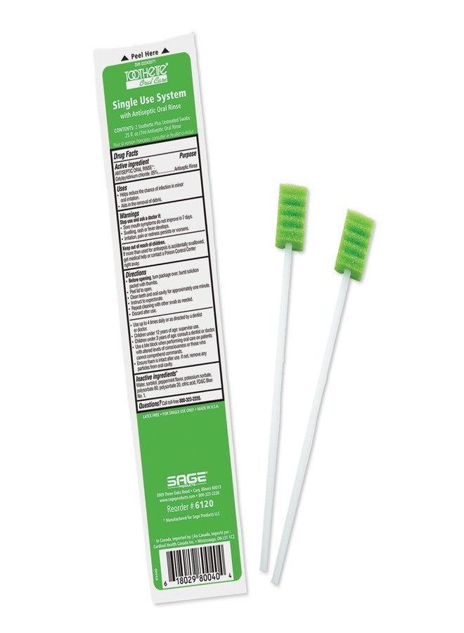 Sage Stryker – Sage Toothette Plus Single Use Oral Swabs with Antiseptic Oral Rinse – 1 package of 2 swabs with .25 fl. oz. mint mouthwash – Disposable swabs with long handle - Image 1