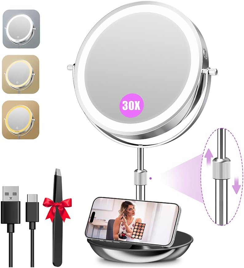 Auxmir 9" Large Lighted Makeup Mirror with Magnification, 1X/30X Double Sided Magnifying Mirror with Adjustable Height, Rechargeable Vanity Mirror with 3 Color Dimmable Lights, 360° Rotation - Image 1