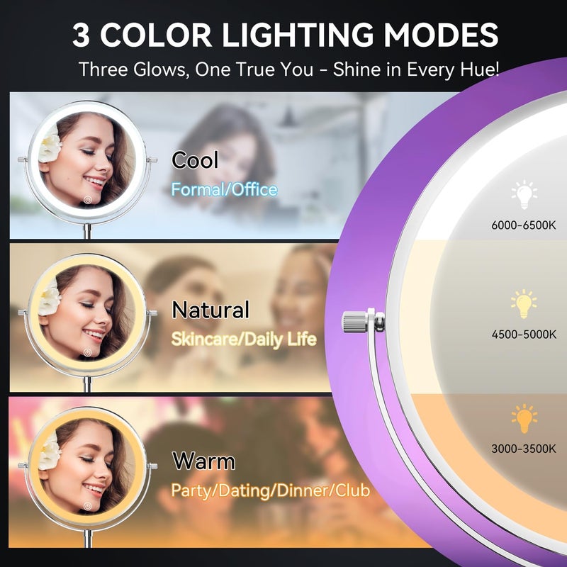 Auxmir 9" Large Lighted Makeup Mirror with Magnification, 1X/30X Double Sided Magnifying Mirror with Adjustable Height, Rechargeable Vanity Mirror with 3 Color Dimmable Lights, 360° Rotation - Image 3
