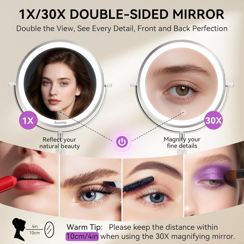 Auxmir 9" Large Lighted Makeup Mirror with Magnification, 1X/30X Double Sided Magnifying Mirror with Adjustable Height, Rechargeable Vanity Mirror with 3 Color Dimmable Lights, 360° Rotation - Image 2