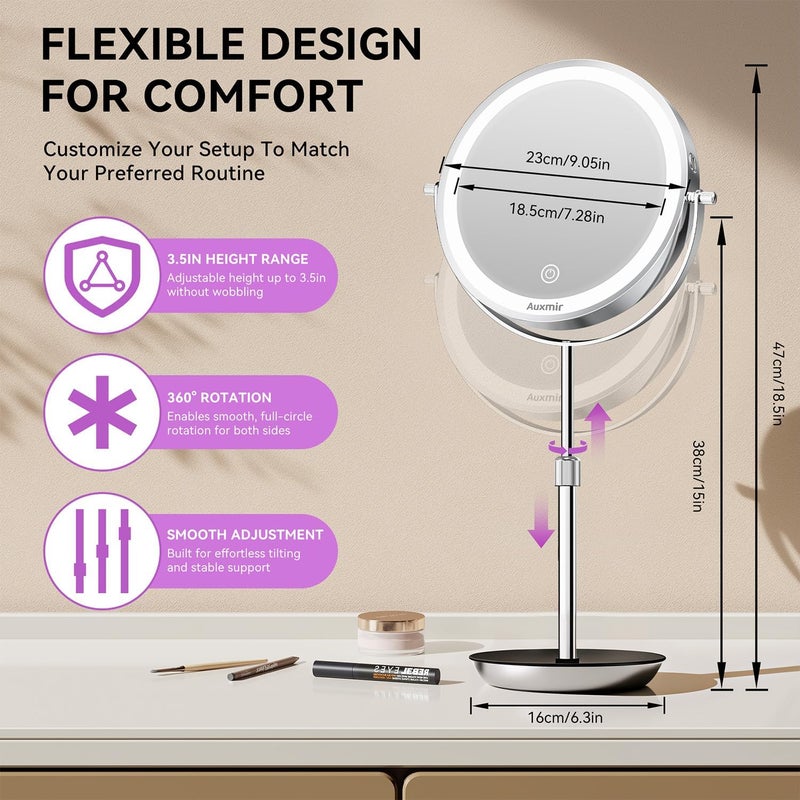 Auxmir 9" Large Lighted Makeup Mirror with Magnification, 1X/30X Double Sided Magnifying Mirror with Adjustable Height, Rechargeable Vanity Mirror with 3 Color Dimmable Lights, 360° Rotation - Image 5