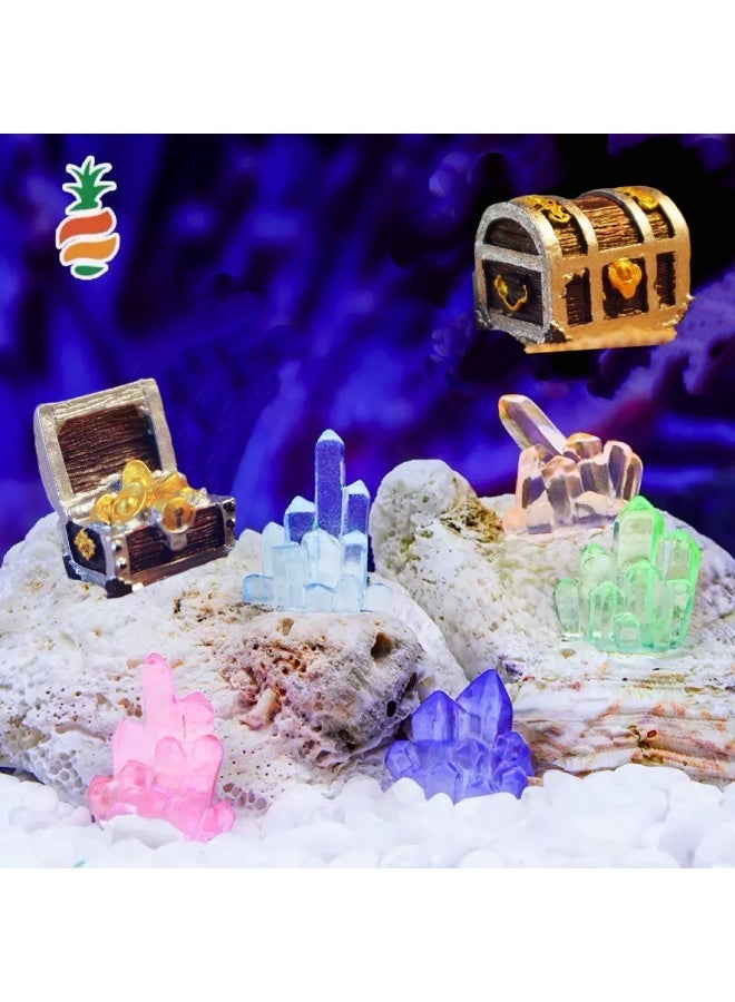 HUANXIN HOME 7pcs, Luminous Crystal Small Fish Tank Decorative Ornaments And Submarine Treasure Chest Small Ornaments Combination, Aquarium Fish Tank Landscaping Home Decorations Accessories - Image 1