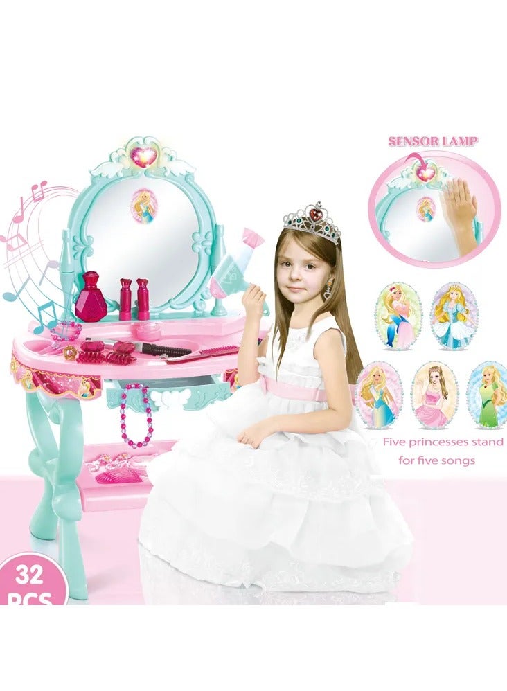 Girls Plastic Induction Makeup Desk Set Toy with Light and Music Kids Dressing Table - Image 1
