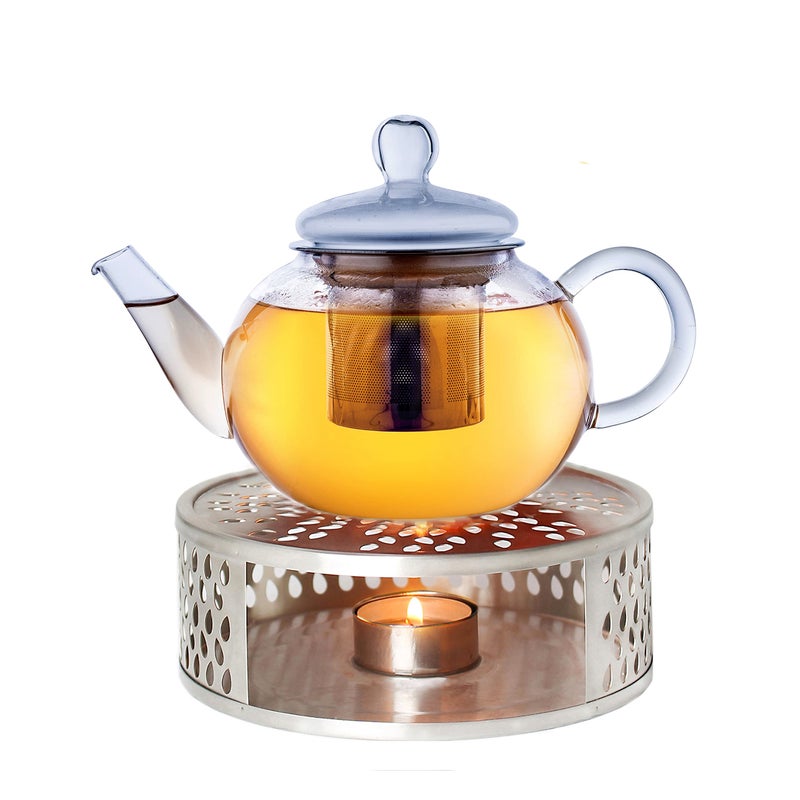 Creano Glass Teapot 800ml with Warmer  Stovetop Safe Tea Kettle with Stainless Steel Infuser and Glass Lid  Ideal for Preparing Loose Teas  Drip Free