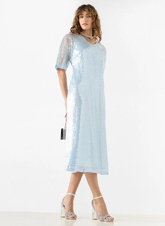 ايكونيك فستان متوسط الطول إيه لاين مزين مع تفاصيل رباط من آيكونيك