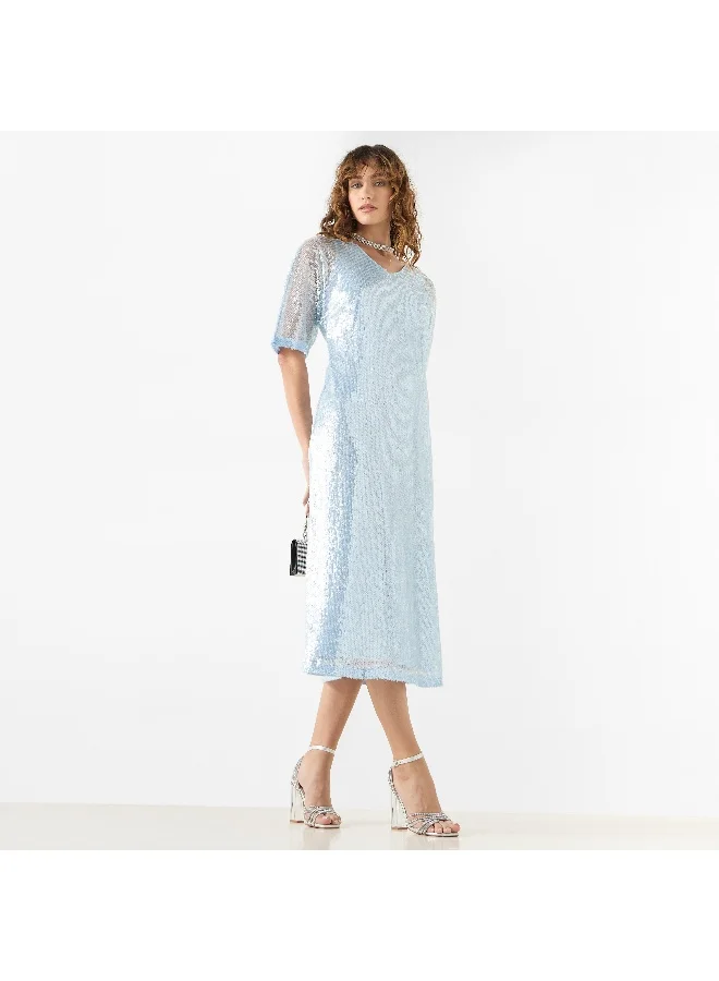 Iconic Iconic Embellished A-line Midi Dress with Tie-Up Detail