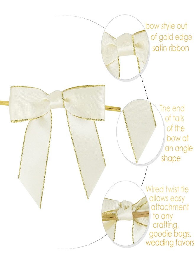 AIMUDI Ivory Bows 3.5" Satin Ribbon Bow for Gift Wrapping Twist Tie Bows with Gold Edge Pretied Bow for Treat Bags Cake Pop Crafts Wedding Baby Shower Decorations - 50 Counts - Image 2