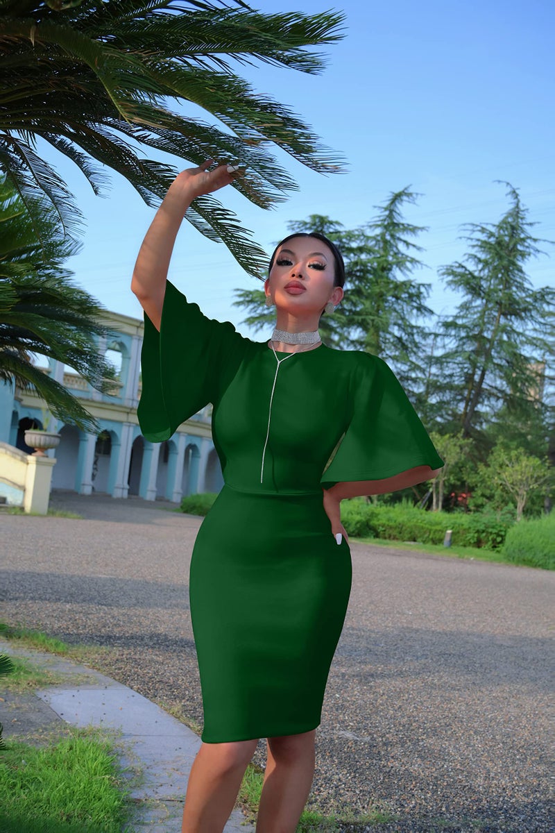 Memoriesea Women's Basic Bodycon Ruffle Flared Short Sleeve Pencil Midi Dress Green - Image 4