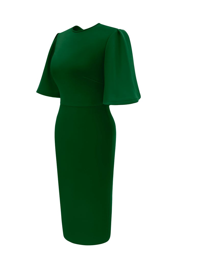 Memoriesea Women's Basic Bodycon Ruffle Flared Short Sleeve Pencil Midi Dress Green - Image 2