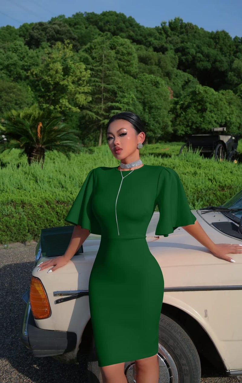 Memoriesea Women's Basic Bodycon Ruffle Flared Short Sleeve Pencil Midi Dress Green - Image 5