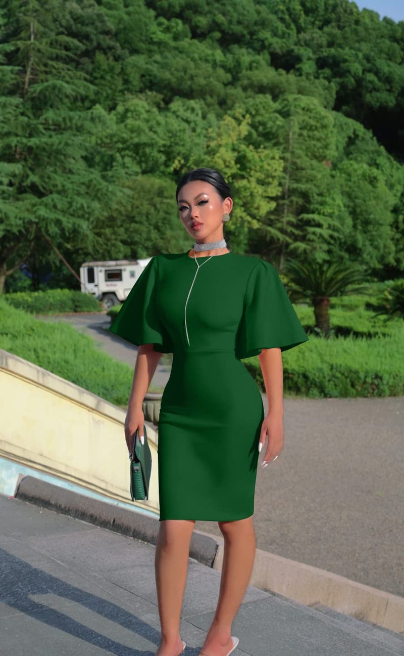 Memoriesea Women's Basic Bodycon Ruffle Flared Short Sleeve Pencil Midi Dress Green - Image 3