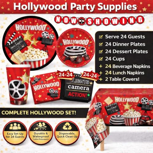 Oojami Movie Night Party Supplies for 24 Guests Plates Cups Napkins Table Covers Banner Disposable Movie Themed Party Decorations for Birthday Awards Red Carpet Family Movie Night - Image 5