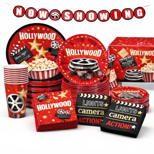 Oojami Movie Night Party Supplies for 24 Guests Plates Cups Napkins Table Covers Banner Disposable Movie Themed Party Decorations for Birthday Awards Red Carpet Family Movie Night - Image 1