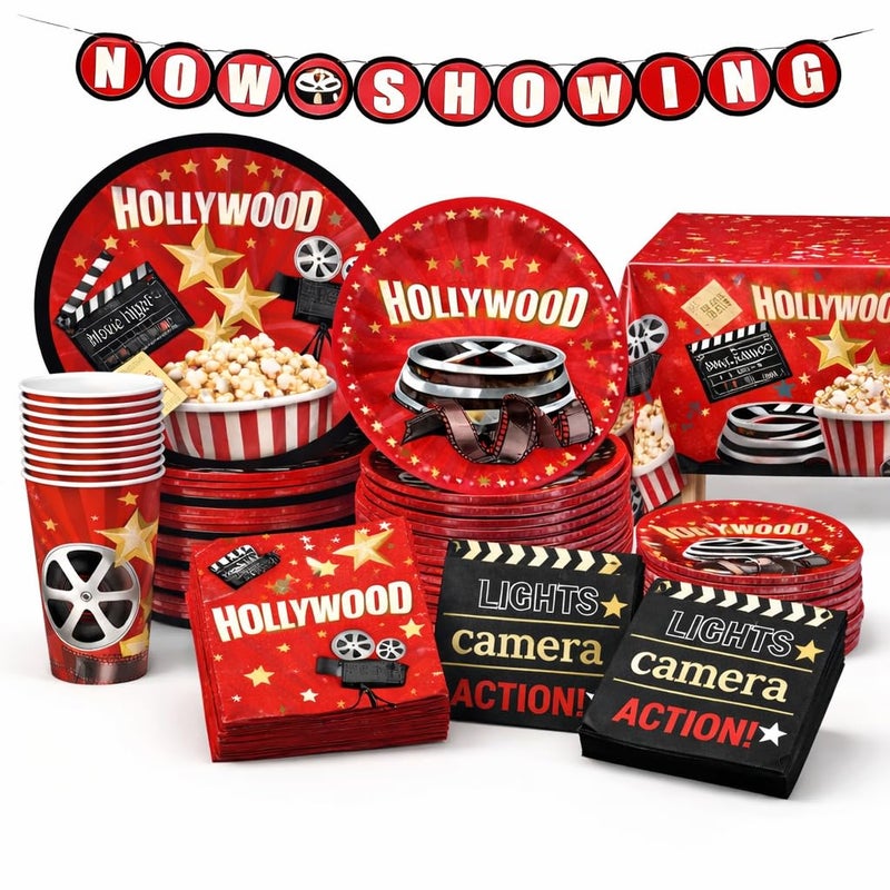 Oojami Movie Night Party Supplies for 24 Guests Plates Cups Napkins Table Covers Banner Disposable Movie Themed Party Decorations for Birthday Awards Red Carpet Family Movie Night - Image 3