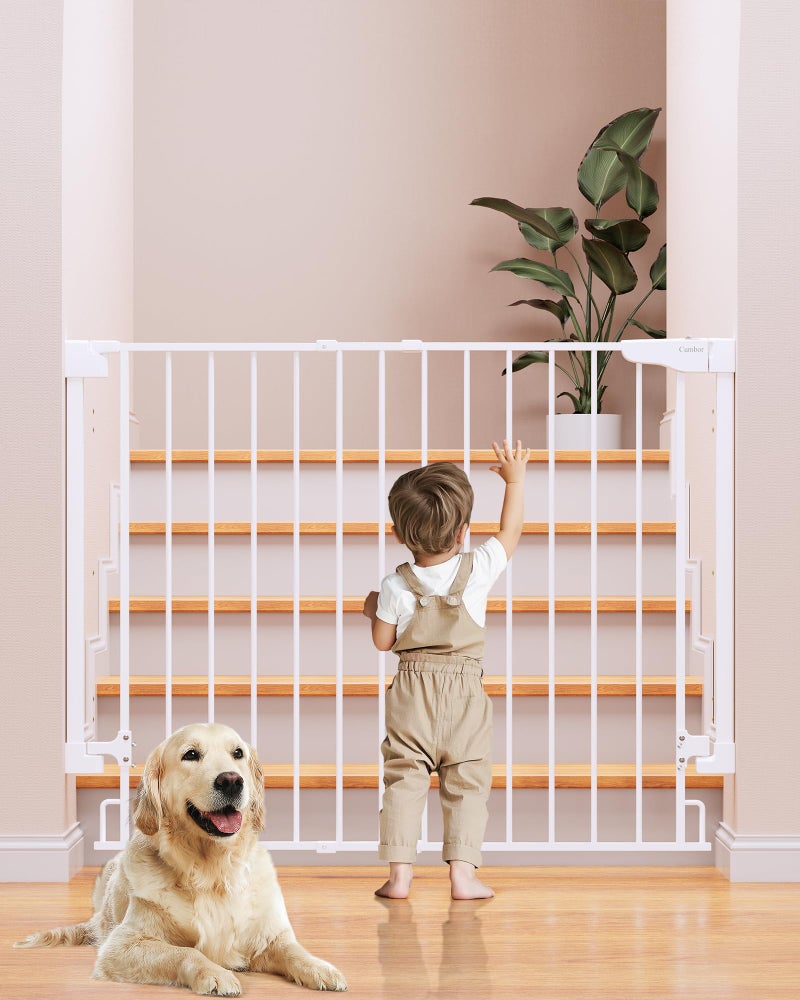 Cumbor 34" Extra Tall No Bottom Bar Baby Gate for Stairs, Wall Mounted Dog Gate Indoor for Larger Pets, Expandable 29.2-43" Safety Gate for Doorways, Wide Walk Thru Door for Easy Access (White) - Image 1