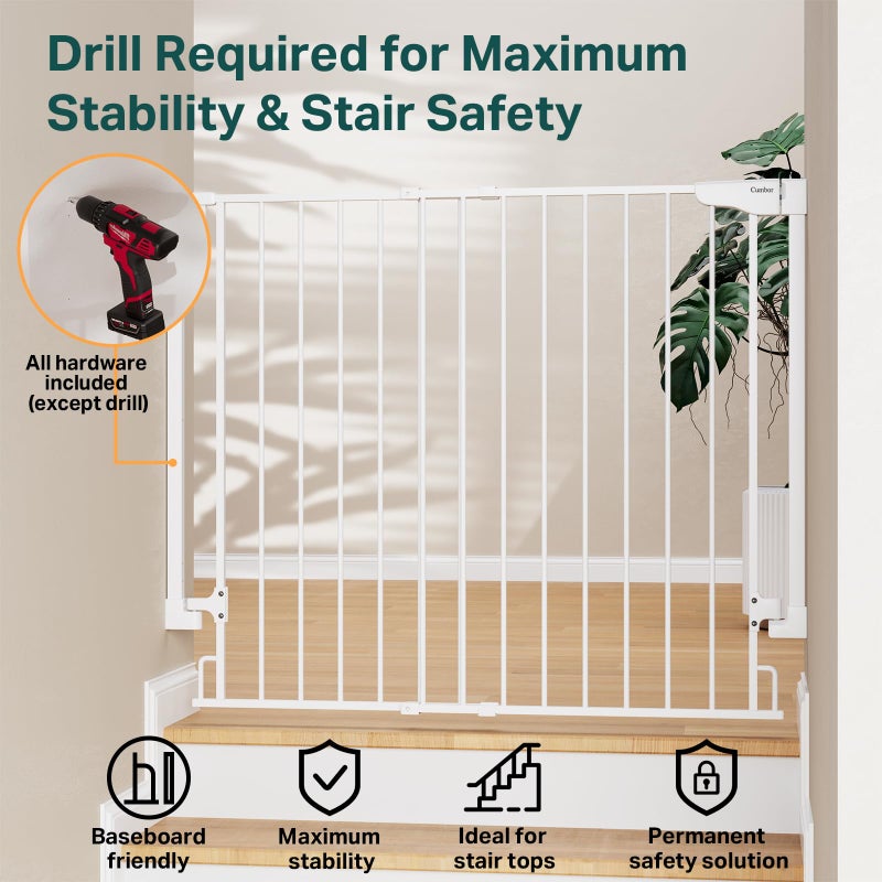 Cumbor 34" Extra Tall No Bottom Bar Baby Gate for Stairs, Wall Mounted Dog Gate Indoor for Larger Pets, Expandable 29.2-43" Safety Gate for Doorways, Wide Walk Thru Door for Easy Access (White) - Image 4