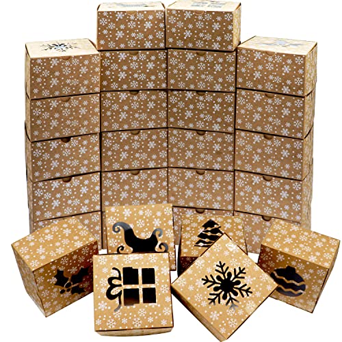 VEYLIN 24Pack Christmas Bakery Boxes with Window, 4“ x 4" x 2.4" Kraft Small Holiday Cookie Boxes for Xmas Gifts Cookie Cupcake - Image 1