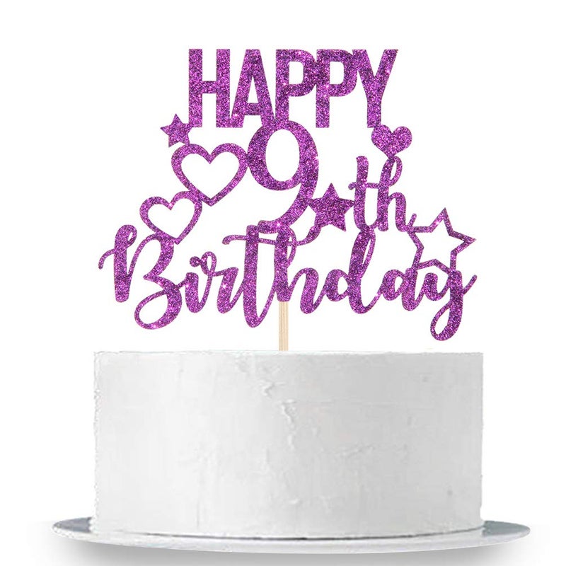 Purple Glitter Happy 9th Birthday Cake Topper for Cheers to 9 Years - Children's Birthday Party Cake Decorations