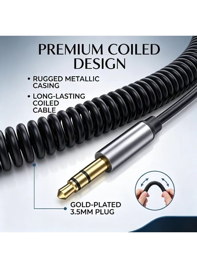 Captaintech Premium Coiled Bluetooth Receiver – Wireless Audio Adapter with Noise Cancellation, Built-in Microphone, and Tangle-Free Cable – Universal Compatibility for Car Stereo, Home Audio, and Laptops - Image 2