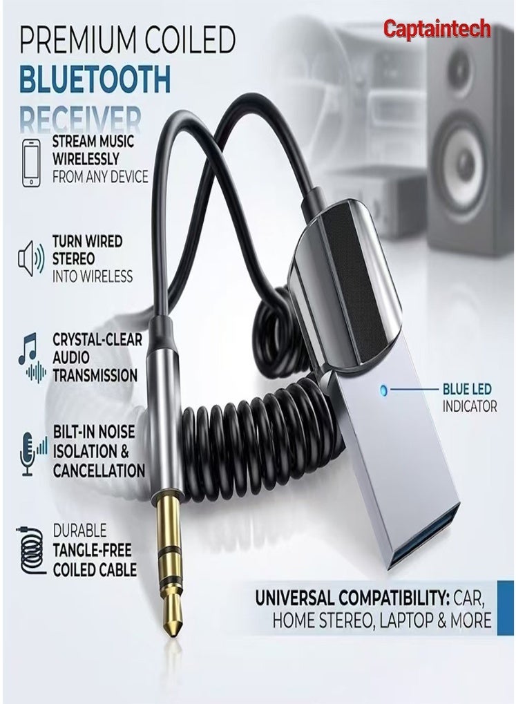 Captaintech Premium Coiled Bluetooth Receiver – Wireless Audio Adapter with Noise Cancellation, Built-in Microphone, and Tangle-Free Cable – Universal Compatibility for Car Stereo, Home Audio, and Laptops - Image 1