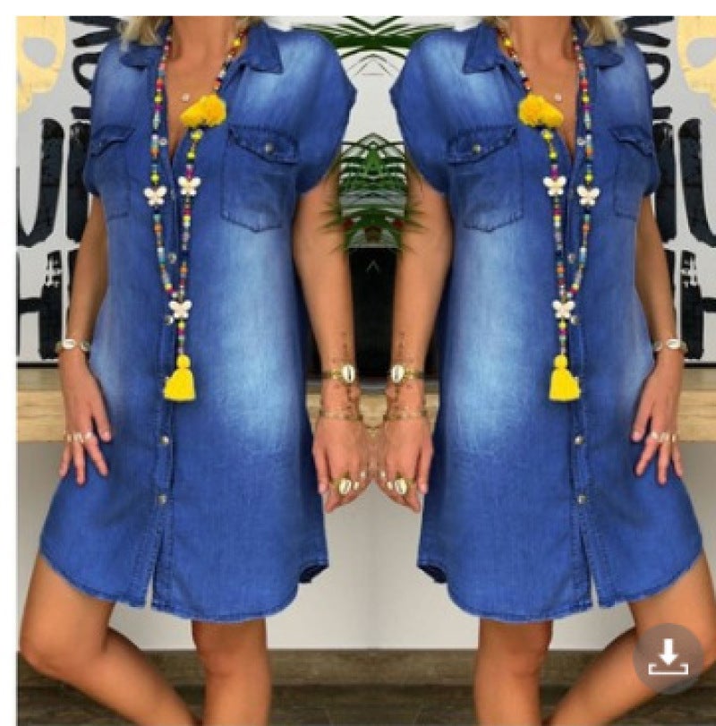 Denim Dress Light Blue XL Solid Color Short-Sleeved Pocket Button - Trendy Design Fine Fabric for Summer Wear - Image 5