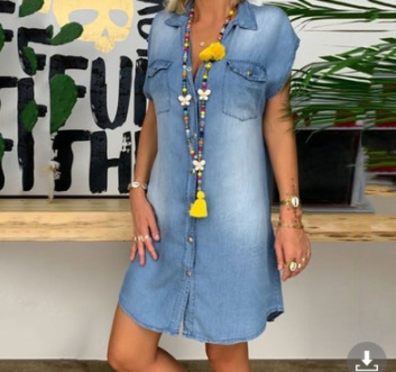 Denim Dress Light Blue XL Solid Color Short-Sleeved Pocket Button - Trendy Design Fine Fabric for Summer Wear - Image 1