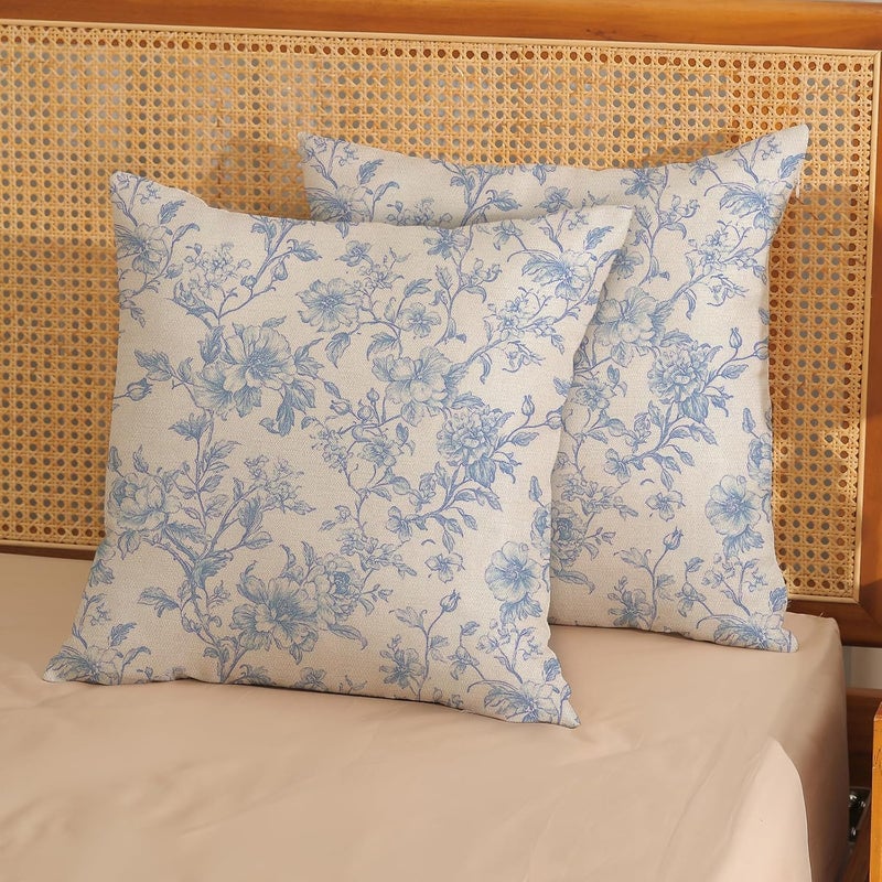 GOLIANDA Baby Blue Pillow Covers 18x18 Set of 2 Blue and Cream Floral Chinoiserie Throw Pillows Vintage Rustic Toile Flower Decorative Pillowcase Outdoor Chinoiserie Decor Cushion Case for Couch Sofa - Image 2