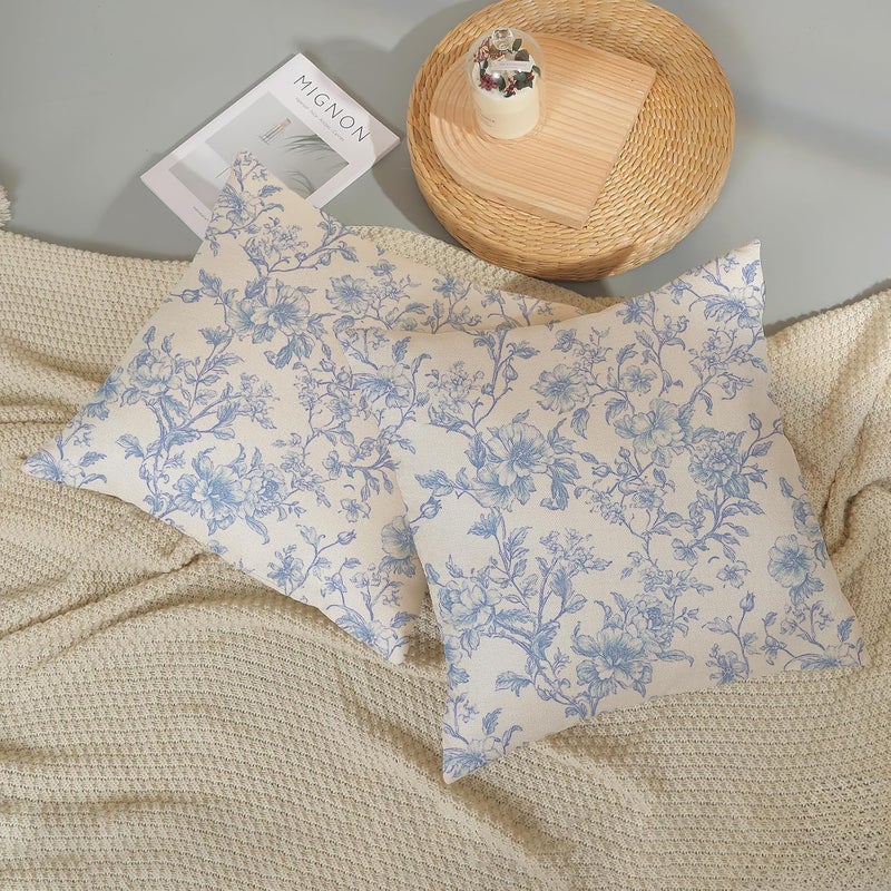 GOLIANDA Baby Blue Pillow Covers 18x18 Set of 2 Blue and Cream Floral Chinoiserie Throw Pillows Vintage Rustic Toile Flower Decorative Pillowcase Outdoor Chinoiserie Decor Cushion Case for Couch Sofa - Image 5