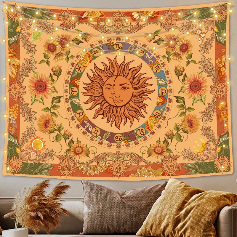 Accnicc Yellow Sun and Moon Tapestry Vintage Indie Boho Tapestry Wall Hanging with Sunflowers Butterfly Moth Constellation Aesthetic Wall Tapestries for Bedroom Dorm Living Room Orange 36  48
