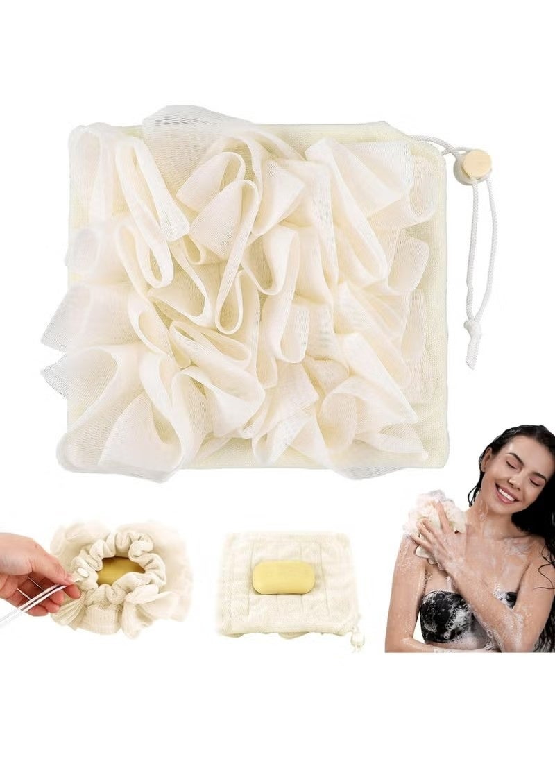1 Pcs Washcloth Loofah Combo, 2 in 1 Bath Loofah Sponge with Drawstring, Exfoliation Mesh Shower Puff Ball for Body Wash Cleansing and Smooth Skin (Beige) - Image 1