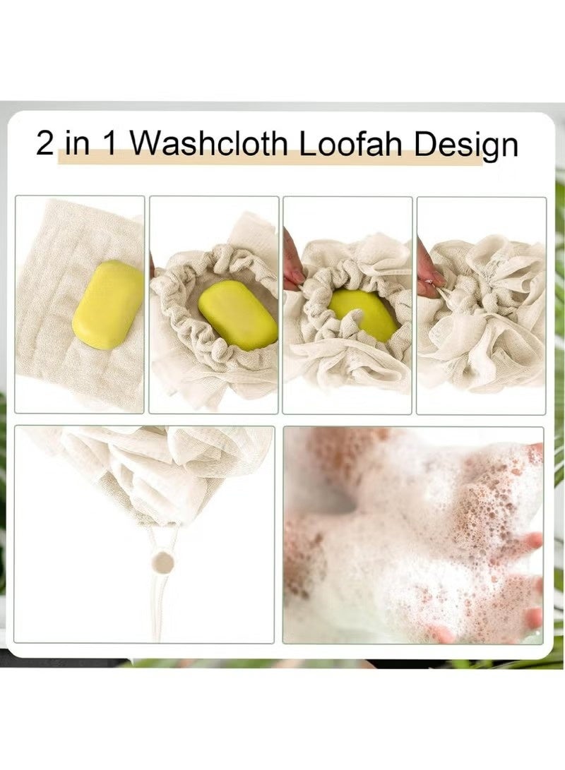 1 Pcs Washcloth Loofah Combo, 2 in 1 Bath Loofah Sponge with Drawstring, Exfoliation Mesh Shower Puff Ball for Body Wash Cleansing and Smooth Skin (Beige) - Image 2