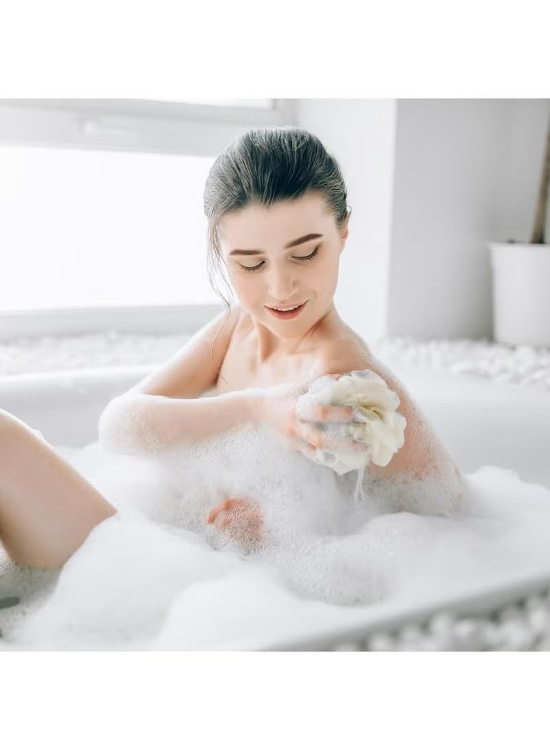 1 Pcs Washcloth Loofah Combo, 2 in 1 Bath Loofah Sponge with Drawstring, Exfoliation Mesh Shower Puff Ball for Body Wash Cleansing and Smooth Skin (Beige) - Image 3