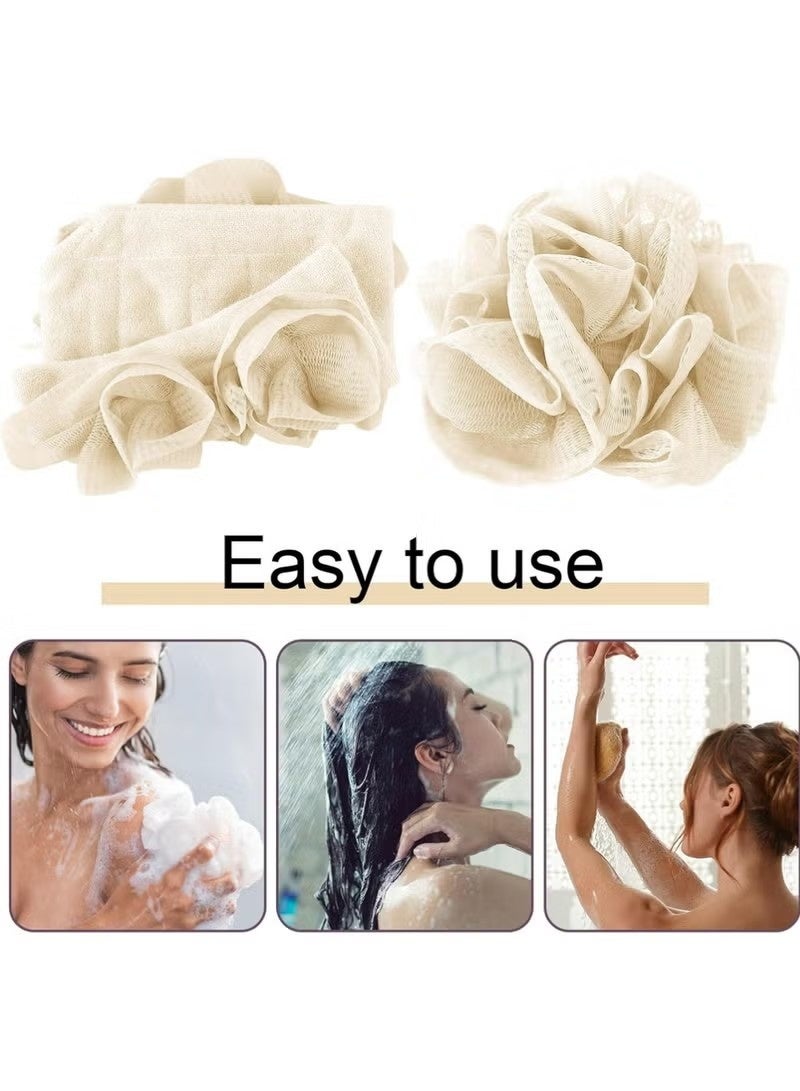 1 Pcs Washcloth Loofah Combo, 2 in 1 Bath Loofah Sponge with Drawstring, Exfoliation Mesh Shower Puff Ball for Body Wash Cleansing and Smooth Skin (Beige) - Image 4
