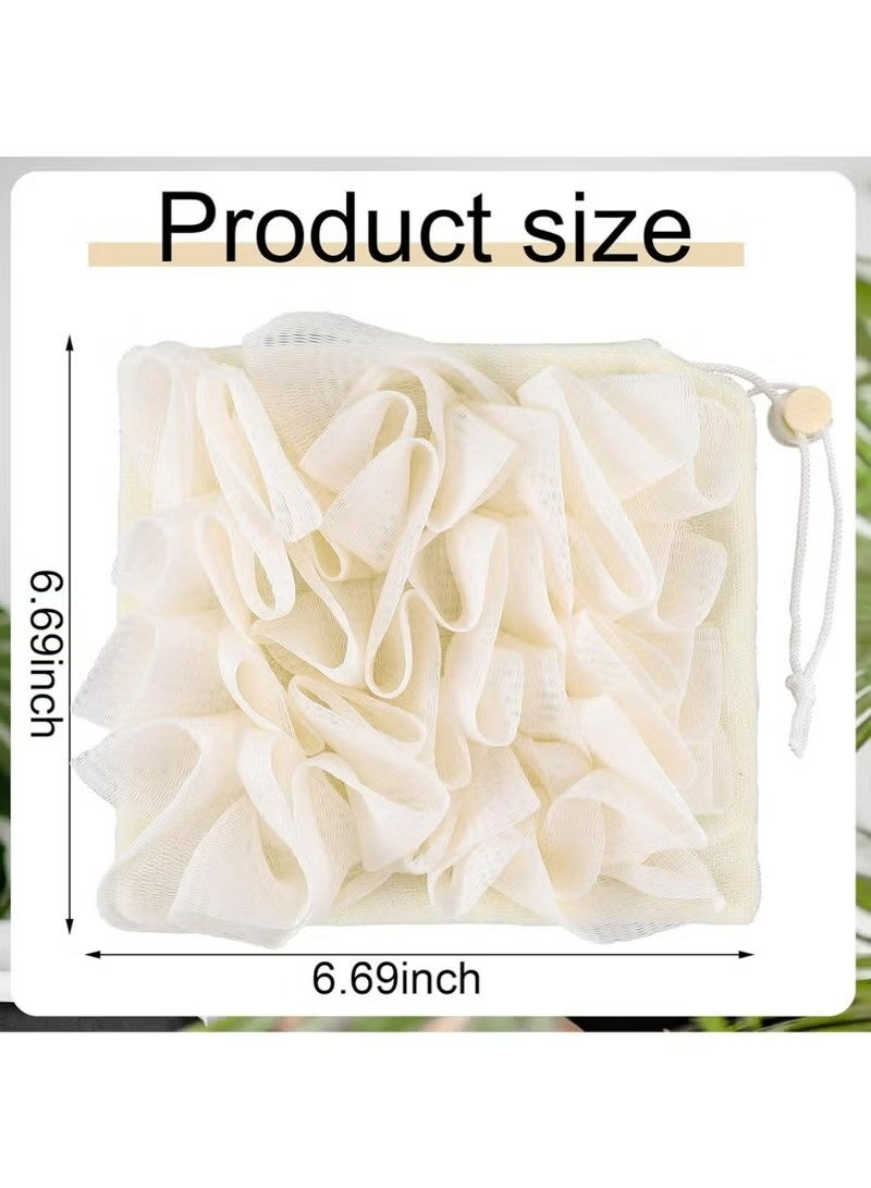 1 Pcs Washcloth Loofah Combo, 2 in 1 Bath Loofah Sponge with Drawstring, Exfoliation Mesh Shower Puff Ball for Body Wash Cleansing and Smooth Skin (Beige) - Image 5