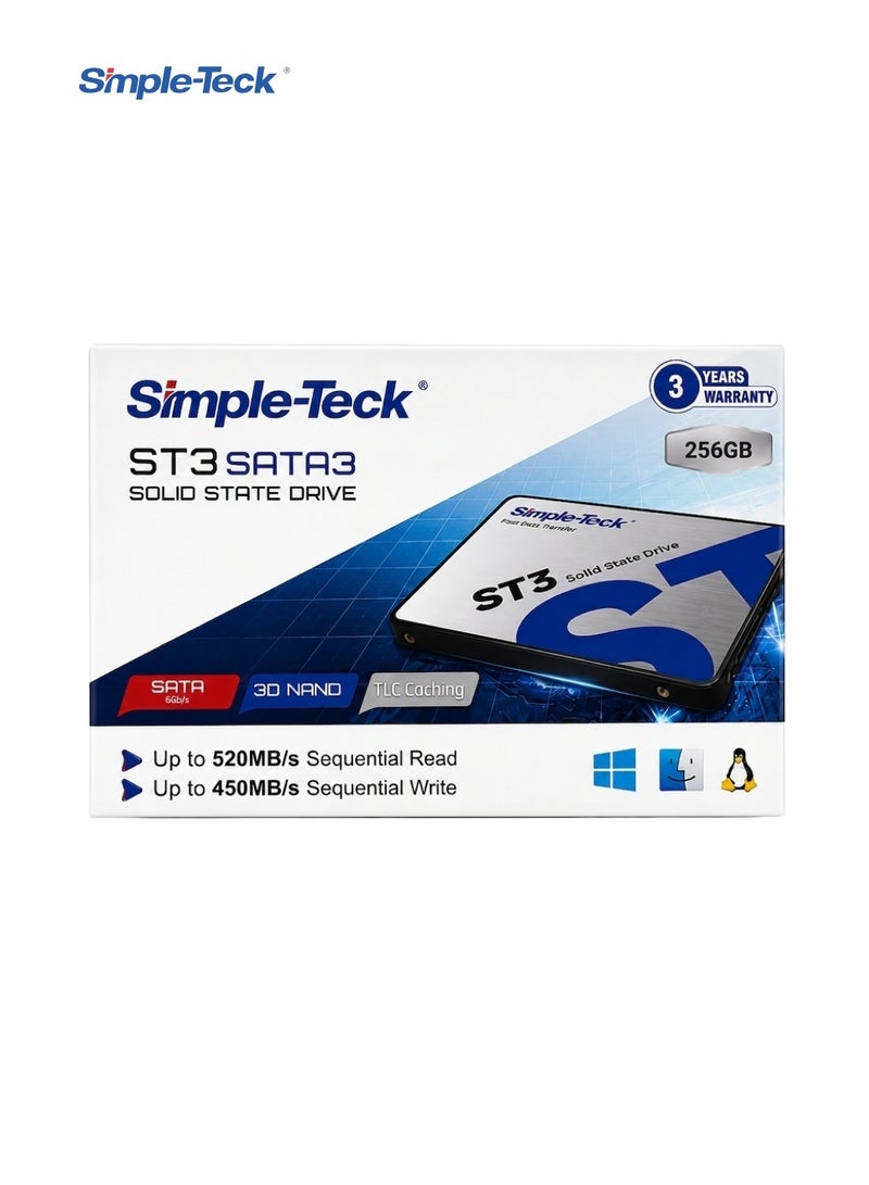 Simple-Teck ST3 256GB 2.5" SATA III Internal SSD | Up to 520MB/s Read & 450MB/s Write | 3D NAND | TLC Caching | SATA 6Gb/s | Shock Resistant - Image 1